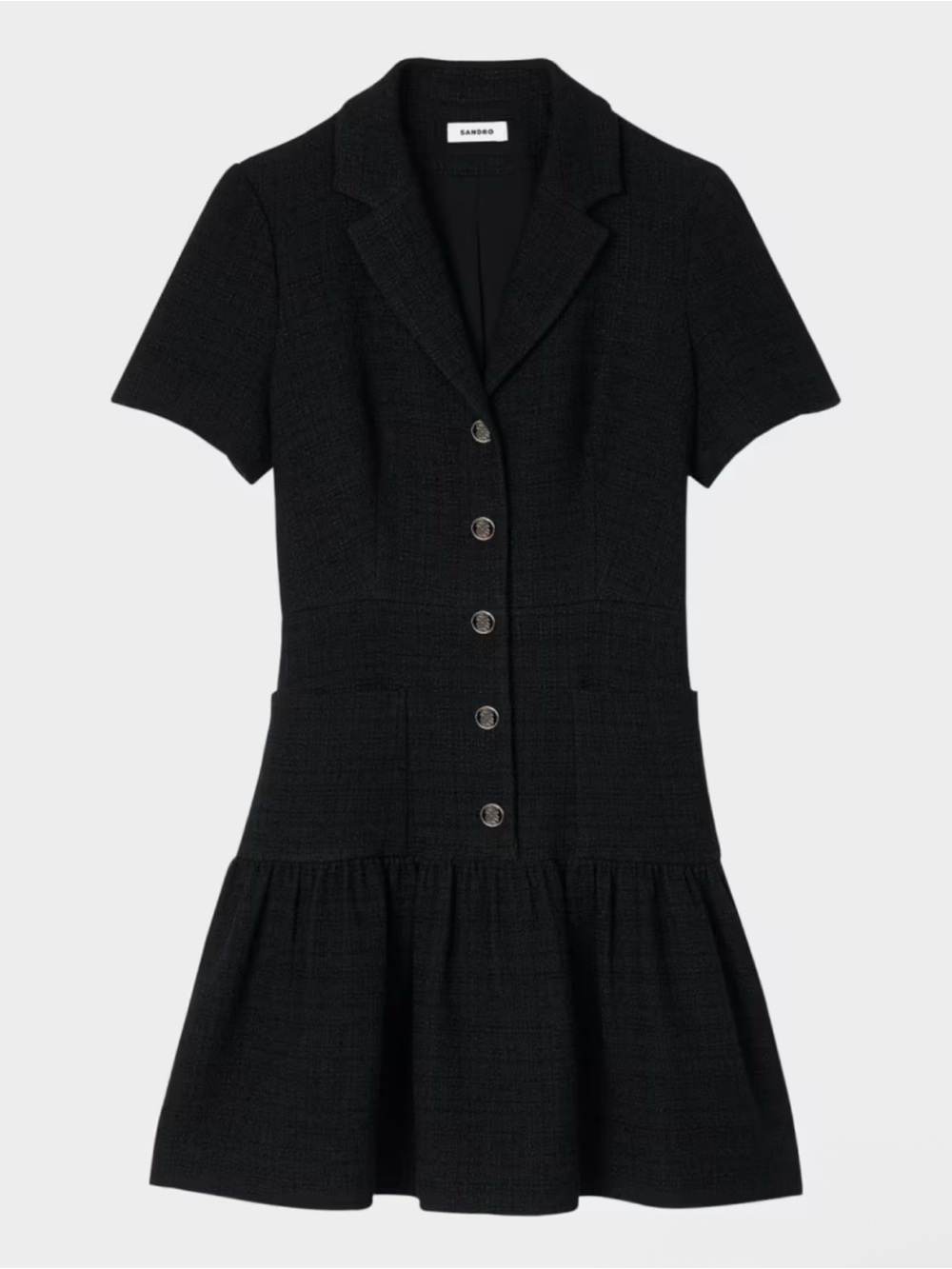 Sandro Black Short-Sleeve Button-Front Tweed Mini Dress